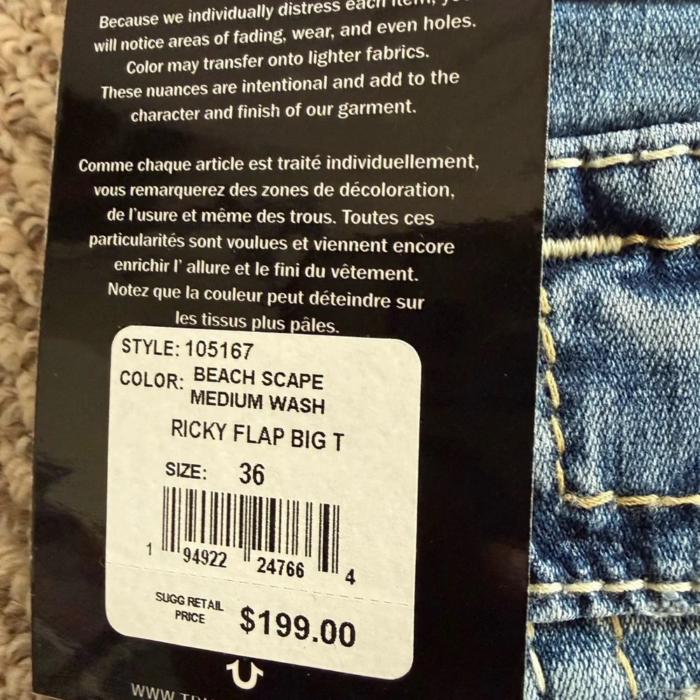New - TRUE RELIGION Ricky Flap Big T Jeans BEACH Men | 36